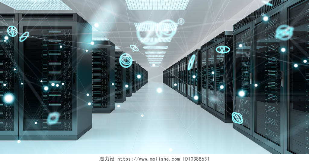 明亮的数据库数据中心服务器机房中心交换网络数据和连接3d 渲染